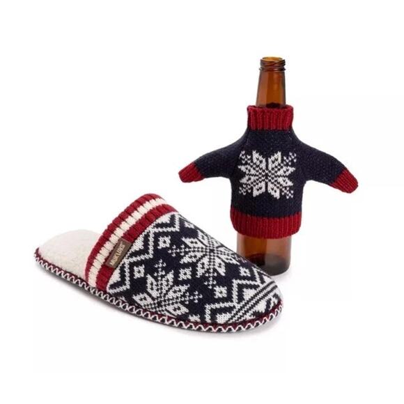NEW Muk Luks Men's Rib Knit Navy Scuff Slippers w/ Bottle Sweater Medium 10-11 - Picture 5 of 12